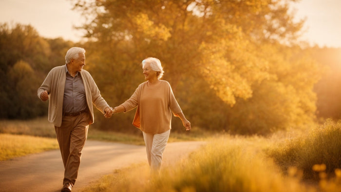 Older couple walking outdoors